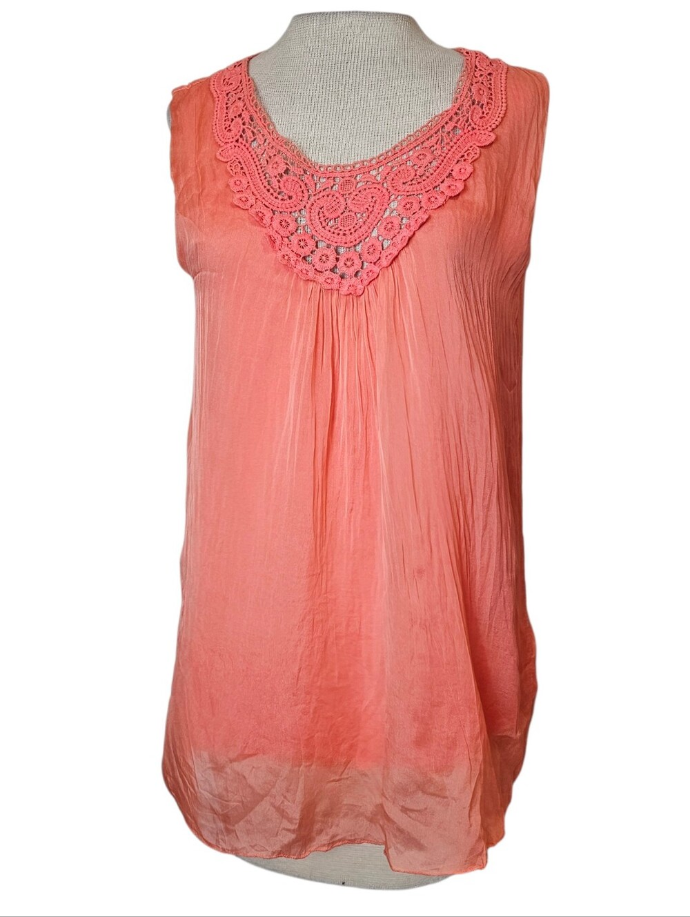 Carla Conti Silk Sleeveless Top Size M Coral Crochet Made in Italy Lagenlook